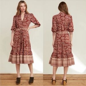 Veronica Beard Brown Floral Boho vacation Midi Dress Tie Waist Long Sleeve sz 8